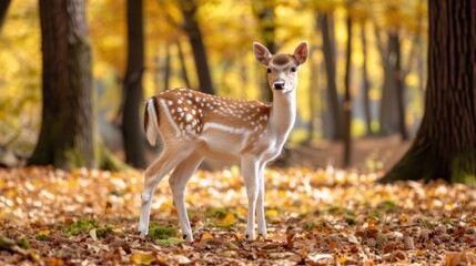 Sticker - a small deer standing in the middle of a forest with leaves on the ground and a few trees in the background.