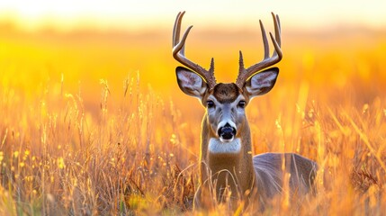 Wall Mural - a close up of a deer in a field of tall grass with the sun shining on it's head.