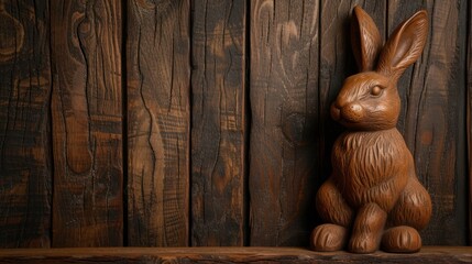 Wall Mural - a wooden sculpture of a rabbit sitting on a shelf next to a wooden wall with a wooden planked wall behind it.
