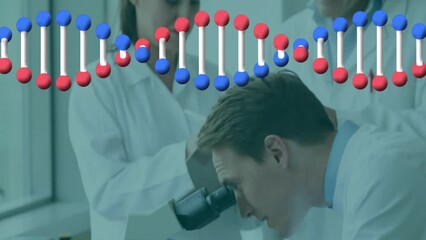 Poster - Animation of dna strand over diverse scientists in laboratory