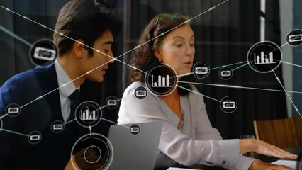 Poster - Animation of network of connections with icons over diverse business people in office