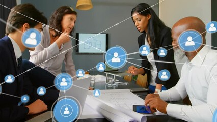 Poster - Animation of network of connections with icons over diverse business people in office