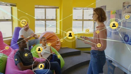 Poster - Animation of network of connections with icons over diverse business people in office