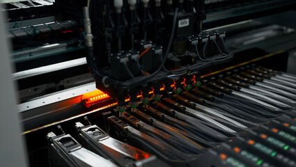 Poster - Automated technology, industrial, robotic manufacturing concept. Creative. Automation machine equipment for quality testing of printed circuit boards.