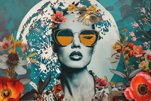 Creative Retro Pop Art Collage Concept Of Woman Portrait With Reflective Sunglasses And Spring Flowers With Moon In The Background.