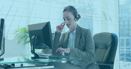 Poster - Animation of financial data processing over caucasian businesswoman in office
