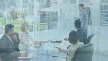 Poster - Animation of data processing and diagrams over diverse business people at meeting