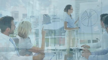Poster - Animation of data processing and diagrams over diverse business people at meeting