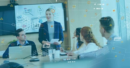 Poster - Animation of data processing and shapes over caucasian business people at meeting