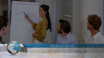 Poster - Animation of globe with breaking news text over diverse colleagues discussing work