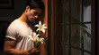 Regretful Young Man Clutching a White Lily Outside a Closed Door, Waiting to Make an Apology