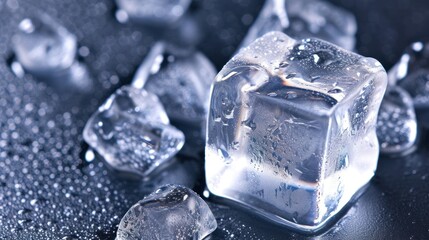 Sticker - a group of ice cubes sitting on top of a table covered in drops of water on top of a black surface.