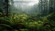 Dense coniferous forest, clearing with ferns. Foggy forest. soft blur