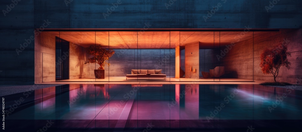 An indoor swimming pool featuring a modern couch placed alongside the ...