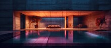 An Indoor Swimming Pool Featuring A Modern Couch Placed Alongside The Pool. The Minimalist Concrete And Rusted Metal Interior Design Is Accentuated By Neon Lighting.
