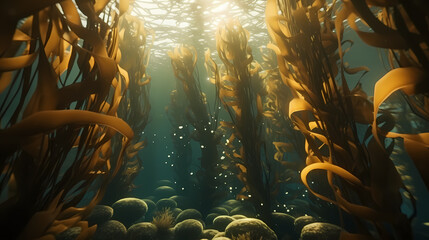 Seaweed and natural sunlight underwater seascape in the ocean