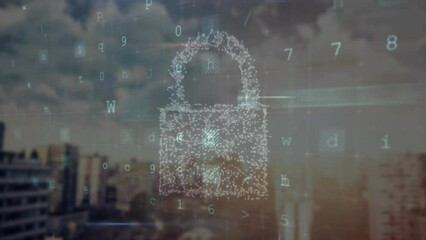 Poster - Animation of data processing and security texts over padlock and cityscape