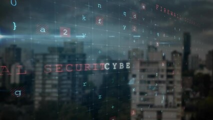 Poster - Animation of data processing and security texts over cityscape