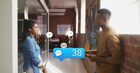 Poster - Animation of media icons over diverse colleagues discussing work in office