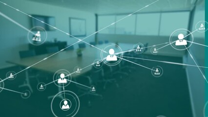 Poster - Animation of network of connections with icons over empty office