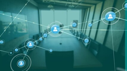 Poster - Animation of network of connections with icons over empty office