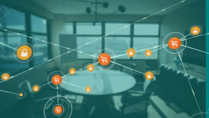 Poster - Animation of network of connections with icons over empty office