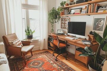 Sticker - A practical, no-frills living room showcasing essential furniture like a couch, chair, desk, and computer, A compact and organized home office space in the corner of a living room, AI Generated