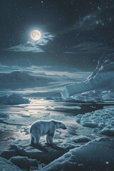 Wall Mural - polar bear at the north pole wandering at night