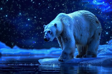 Wall Mural - polar bear at the north pole wandering at night