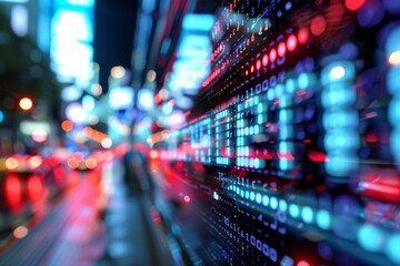 Leinwandbilder - Digitally enhanced cityscape with glowing neon lights and binary code, symbolizing a connected, high-tech world