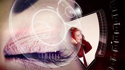 Poster - Animation of scope scanning over eye and caucasian woman wearing headphones