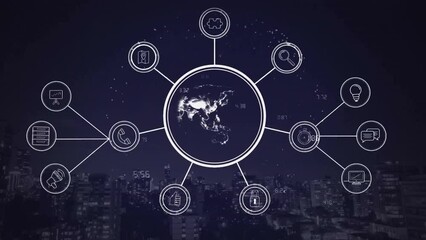 Poster - Animation of network of connections with data processing over globe and icons