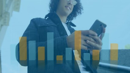 Poster - Animation of diagram over biracial man using smartphone