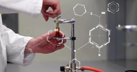 Poster - Animation of chemical formula over caucasian scientist heating sample in lab