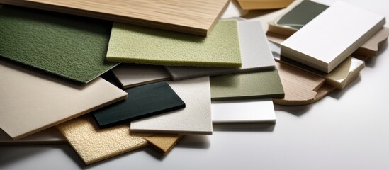 A close-up view of a pile of different types of tile on a table. The tiles include green velvet fabric, white fabric laminates, oak wood veneers, and concrete vinyl flooring samples.