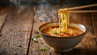 Bowl of instant noodles isolated on wooden background, noodles with chopsticks