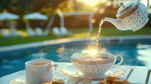 Pouring Tea Into Cup From Teapot On Wooden Table Beside Swimming Pool In Background