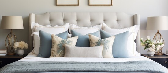 Wall Mural - A bed is shown with a white headboard and a variety of blue and white pillows neatly arranged on top.