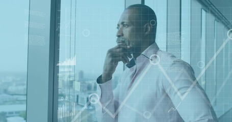 Poster - Animation of data processing and diagrams over african american businessman thinking