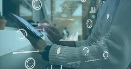 Poster - Animation of data processing and diagrams over biracial businesswoman using tablet