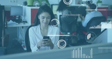 Poster - Animation of data processing and diagrams over caucasian businesswoman using smartphone