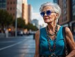Fashionable modern grandmothers with bright hair colors and sunglasses communicate against the background of the city
