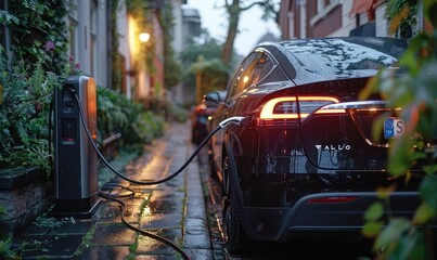 Wall Mural - An electric car plugged charging at standalone station