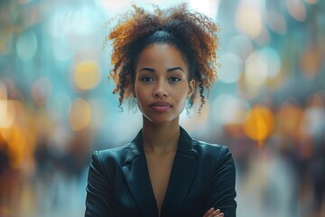 A confident woman in a sleek business suit stands tall amidst a sea of blurred faces, her posture commanding attention as she leads her team forward with determination and charisma 