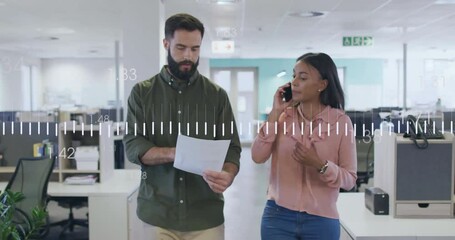 Poster - Animation of diagrams and data processing over diverse colleagues discussing work
