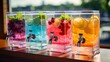 Summer cool fruit juice dispenser for refreshing chilled drinks in multi colored containers