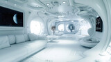 Fototapeta Londyn - White living room in spaceship, design of habitat in starship or home on planet. Inside futuristic spacecraft, compartment interior. Concept of space, scifi, technology, futur