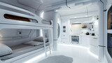 Fototapeta Konie - Small spaceship room with bunk bed and kitchen, design of habitat in spacecraft or colony house. Futuristic compartment interior. Concept of space, technology, travel, sci-fi, future