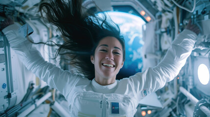 woman astronaut floats inside spaceship, young female person in zero gravity in corridor of spacecra