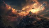 Fototapeta Tęcza - Cross top of the mountain. Christianity, Religion 